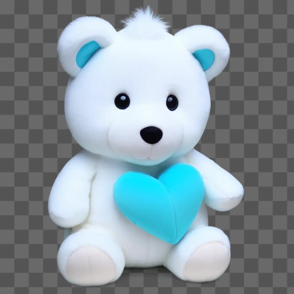 white plushie bears a blue heart on its chest