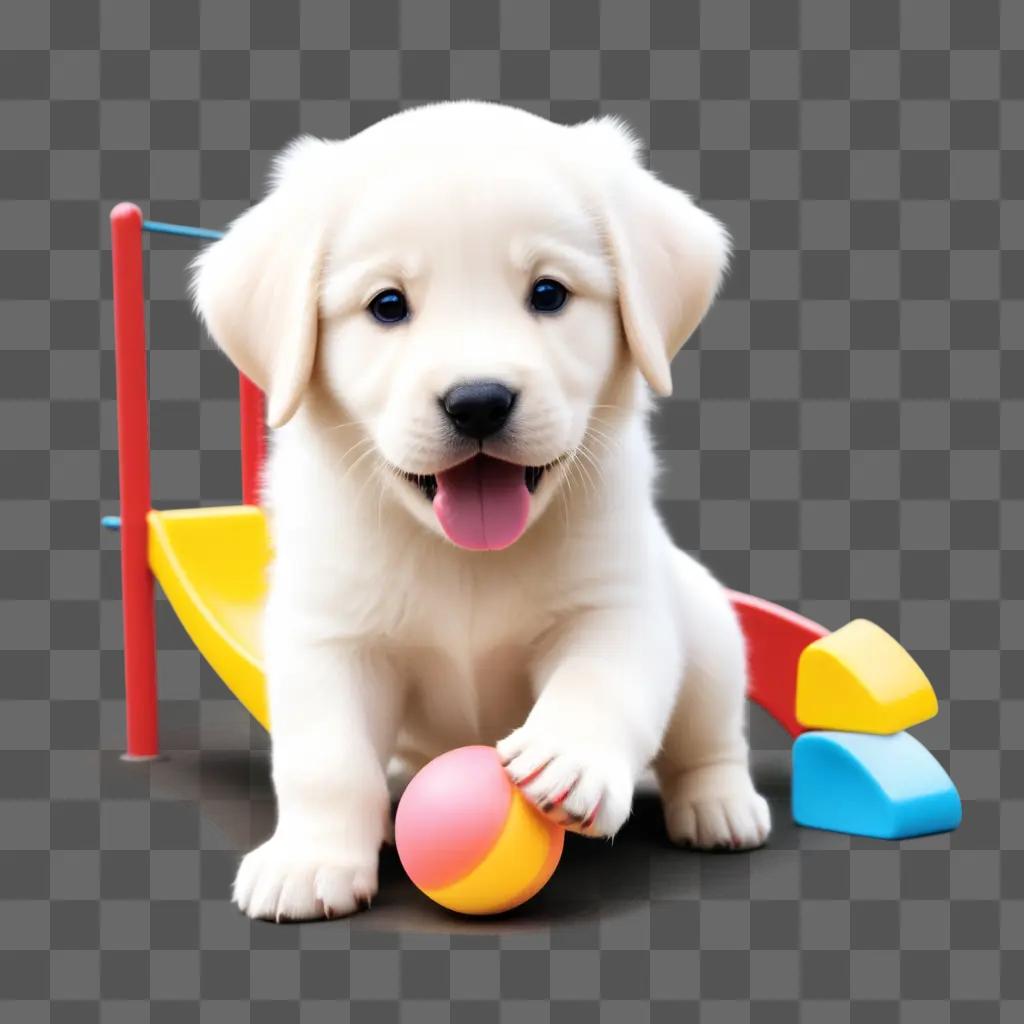 white puppy plays with a ball on a colorful toy set