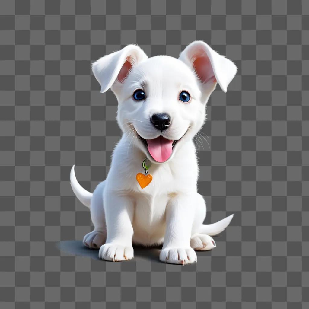 white puppy sits with a heart collar on its neck