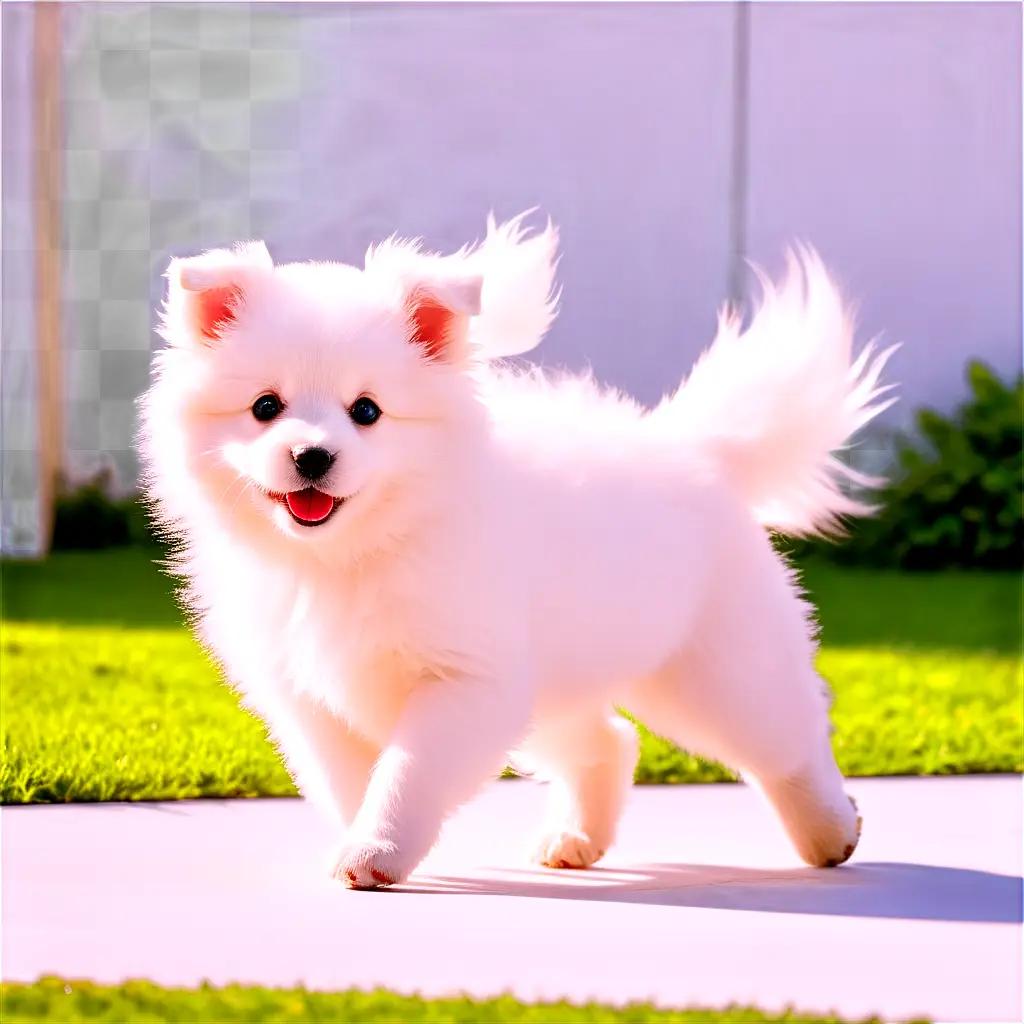 white puppy walks on a sidewalk