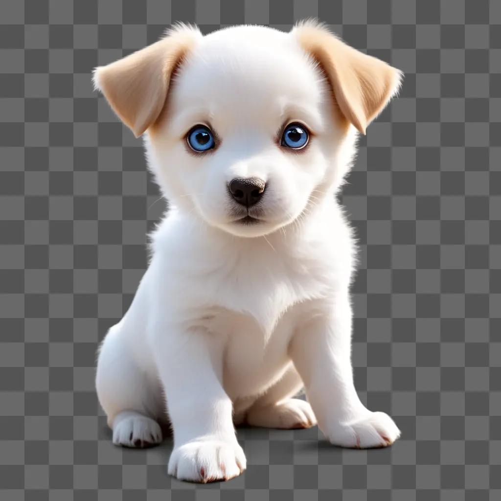 white puppy with blue eyes sits in a gray background