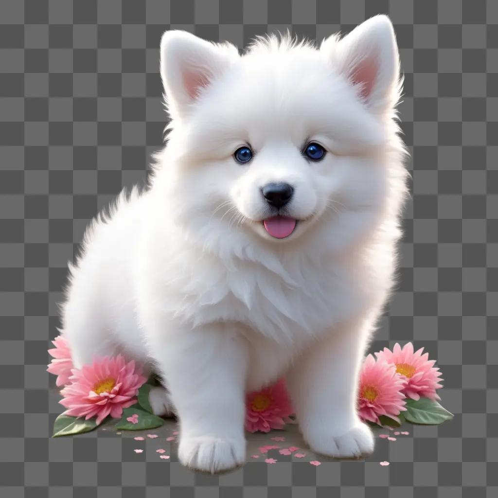 white puppy with pink flowers