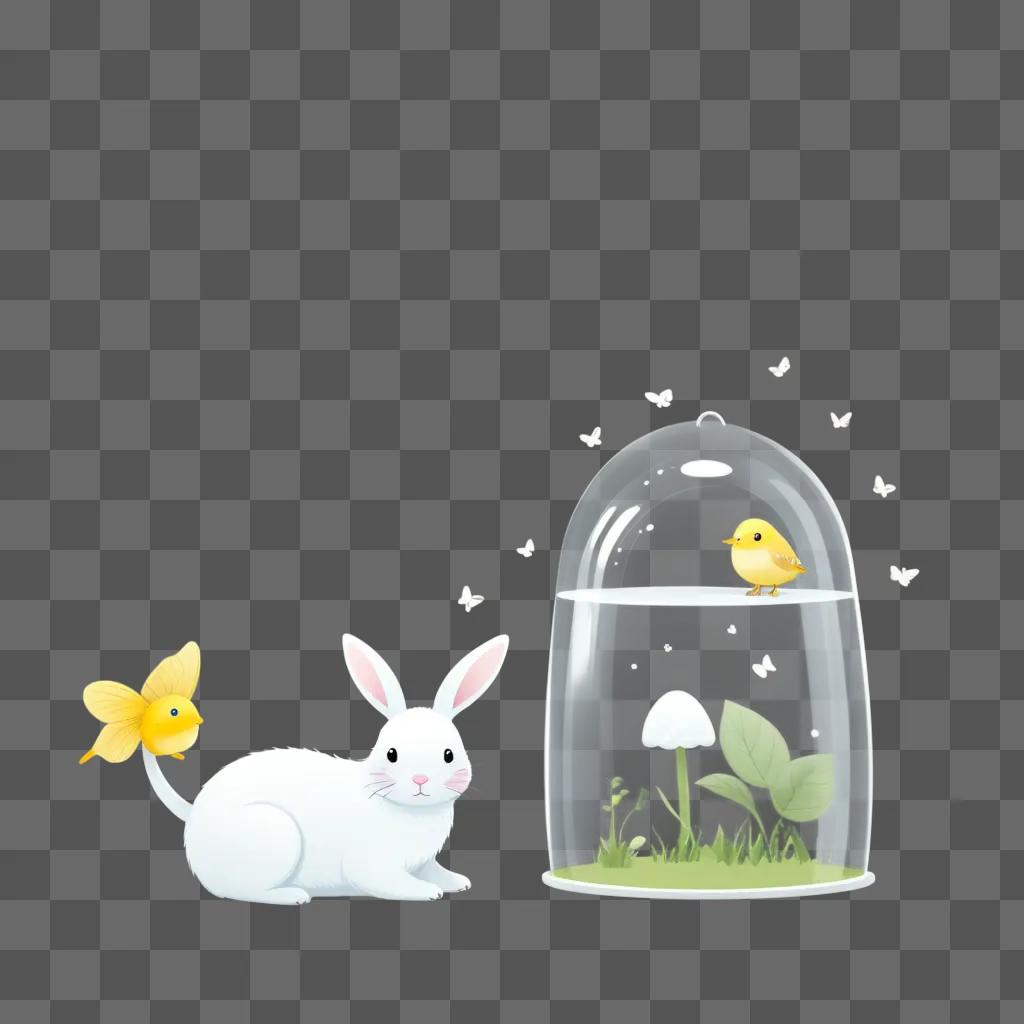 white rabbit and yellow bird in a transparent enclosure