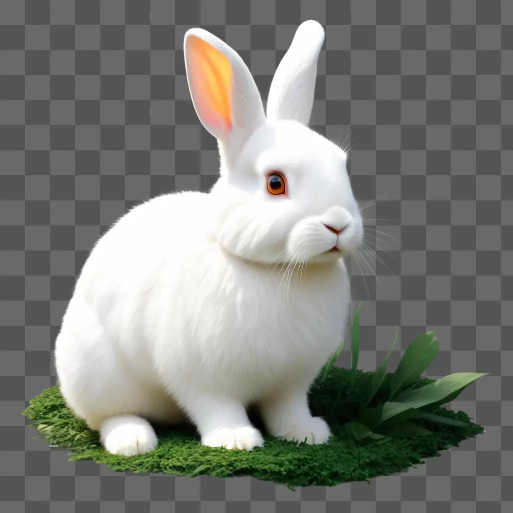 緑の芝生の上に座る白ウサギの絵