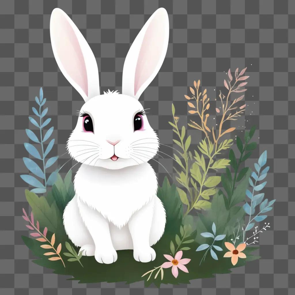 white rabbit sits among flowers in a drawing