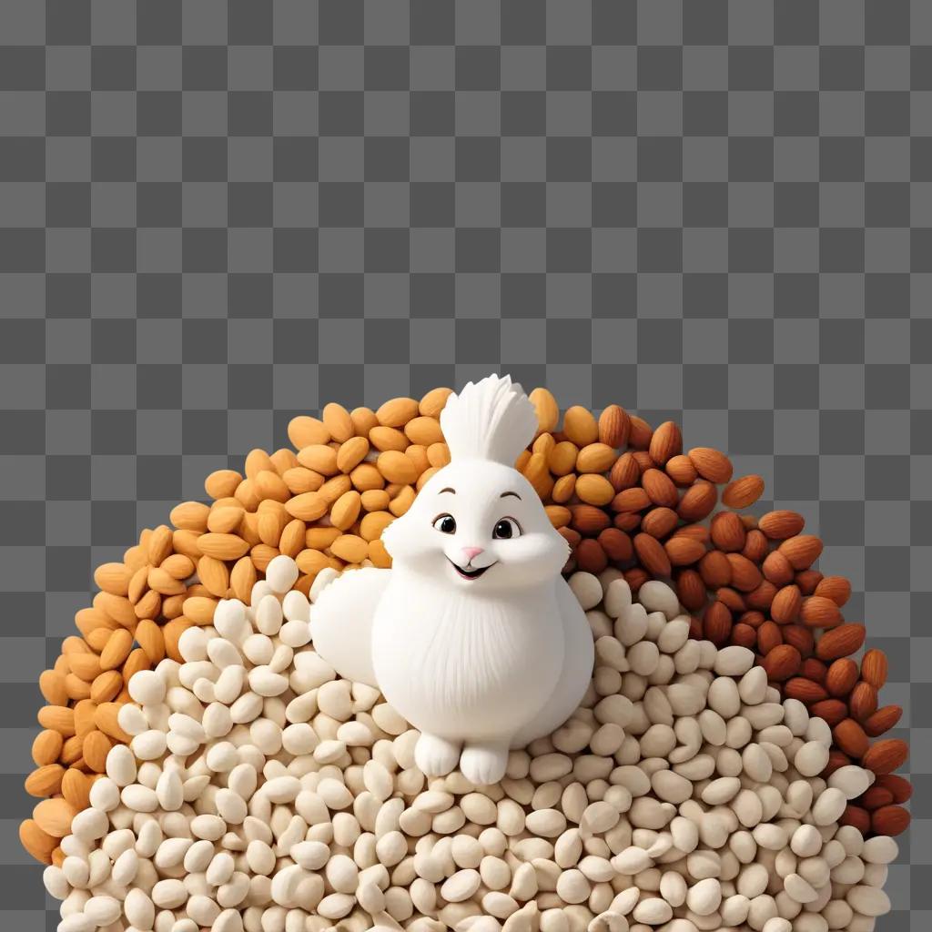 white rabbit sits among nutty nuts and almonds