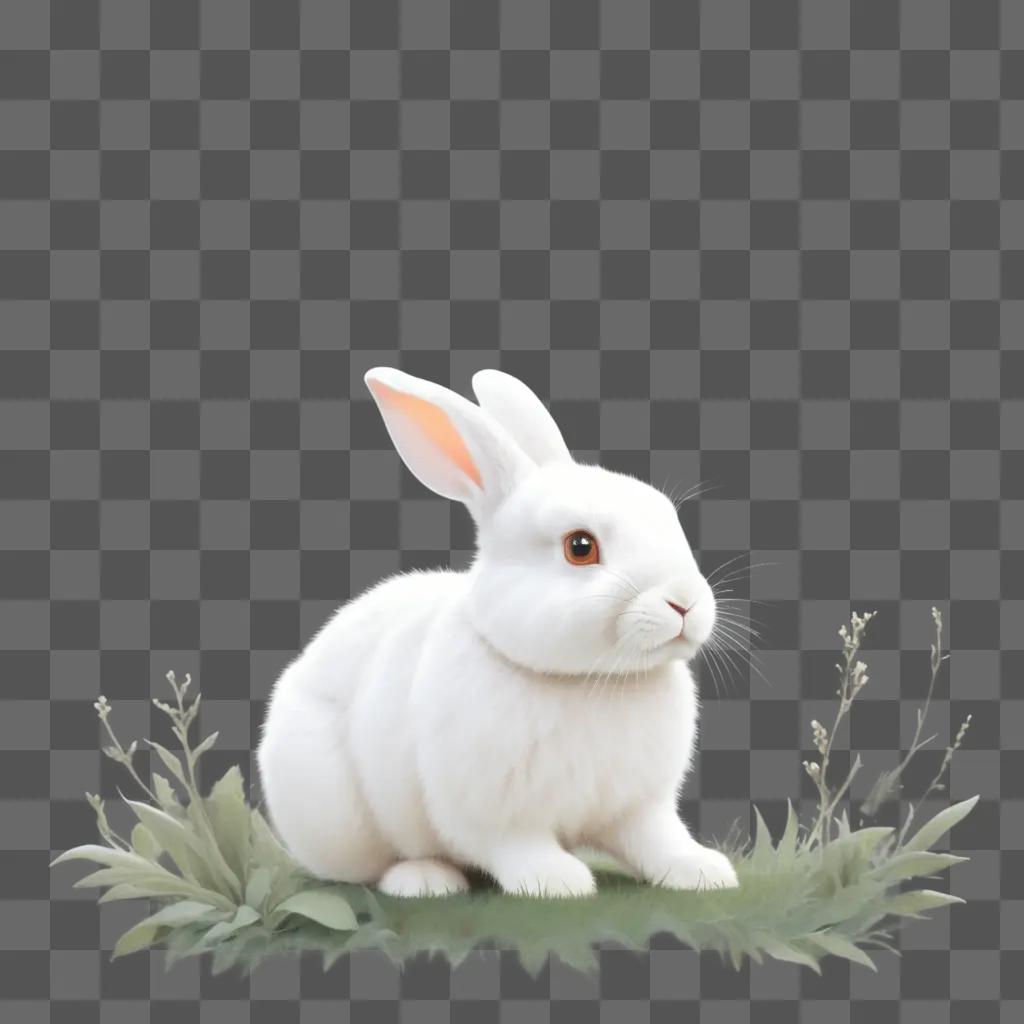 緑の芝生の上に座る白ウサギ