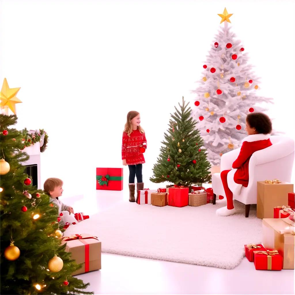 white room with Christmas trees and gifts