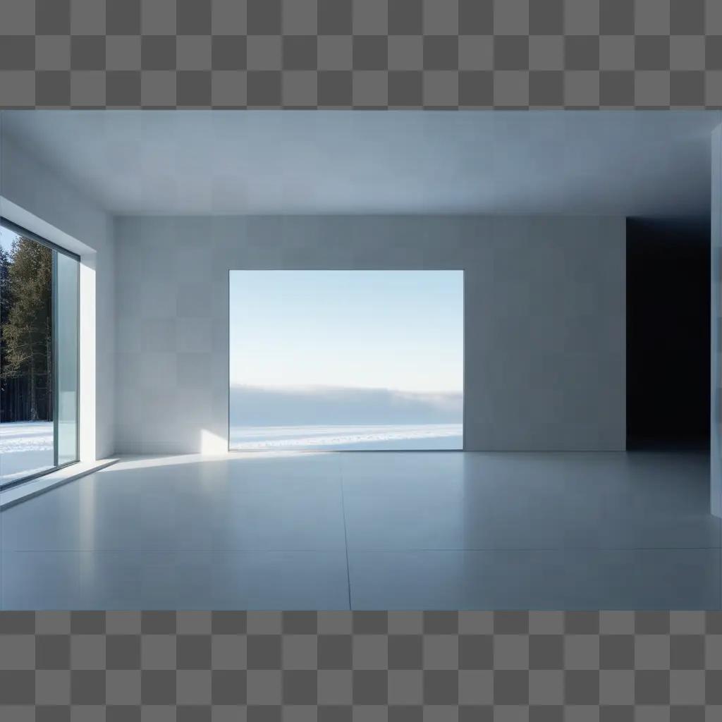 white room with a transparent wall and a large window