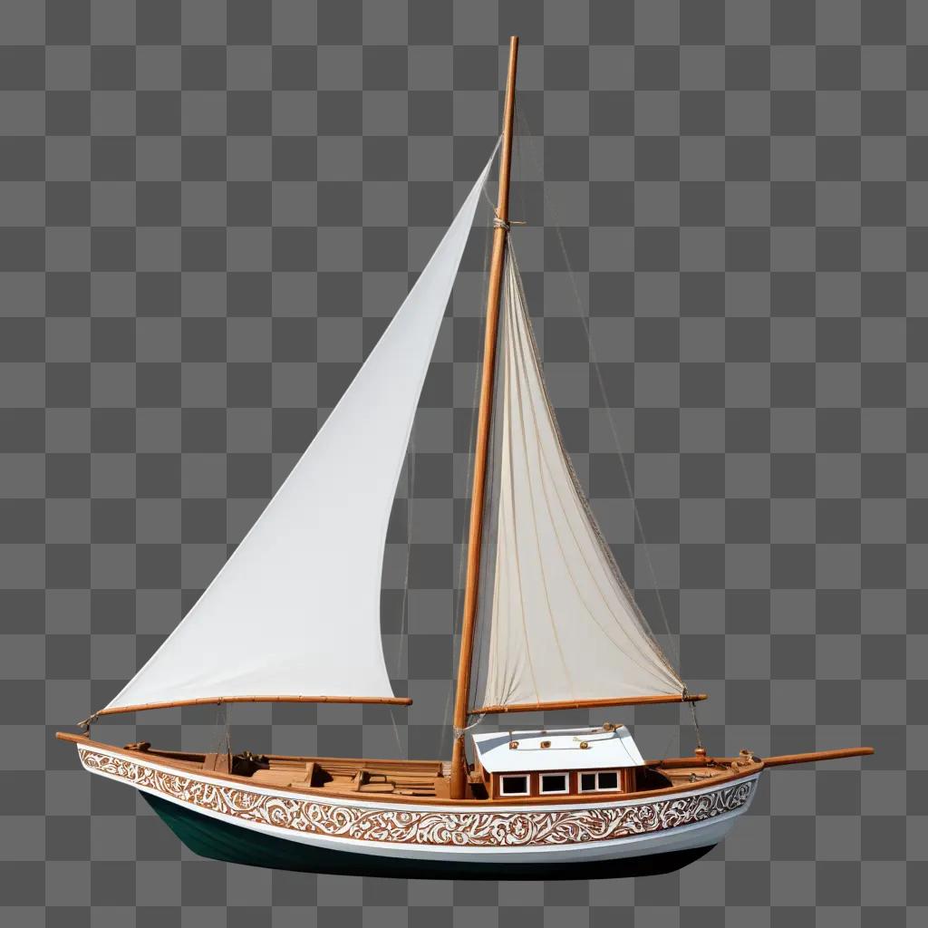 木製のサイドボートの絵が描かれた白い帆船