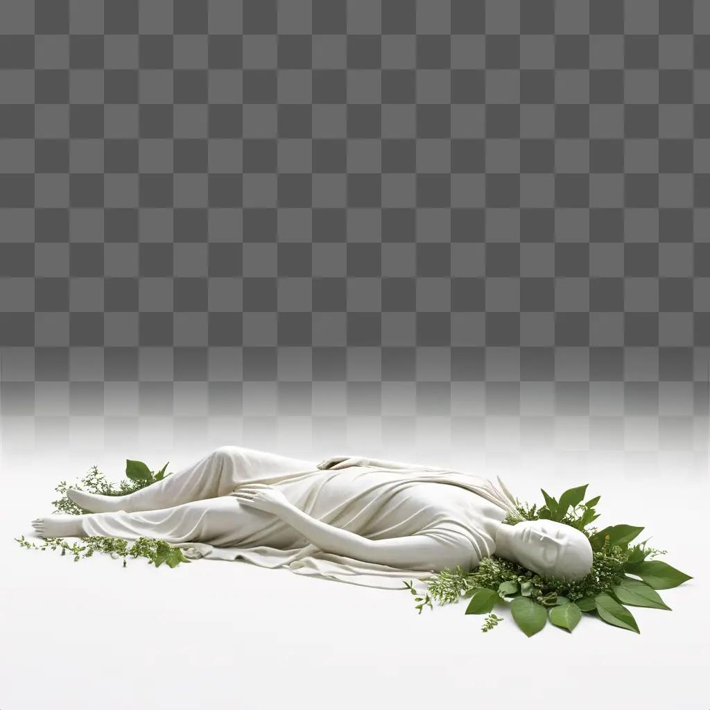 white sculpture of a dead body with leaves