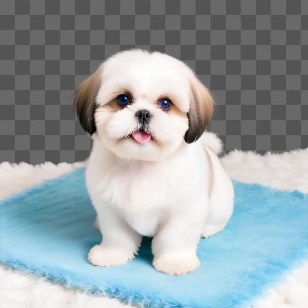 white shih tzu dog sits on a blue blanket