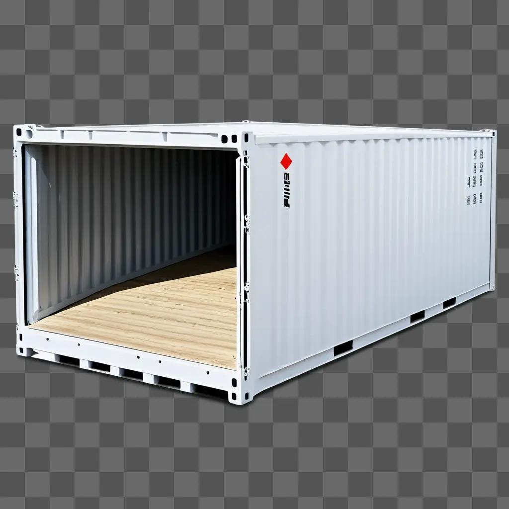 white shipping container with wooden floor and red diamond symbol on the door