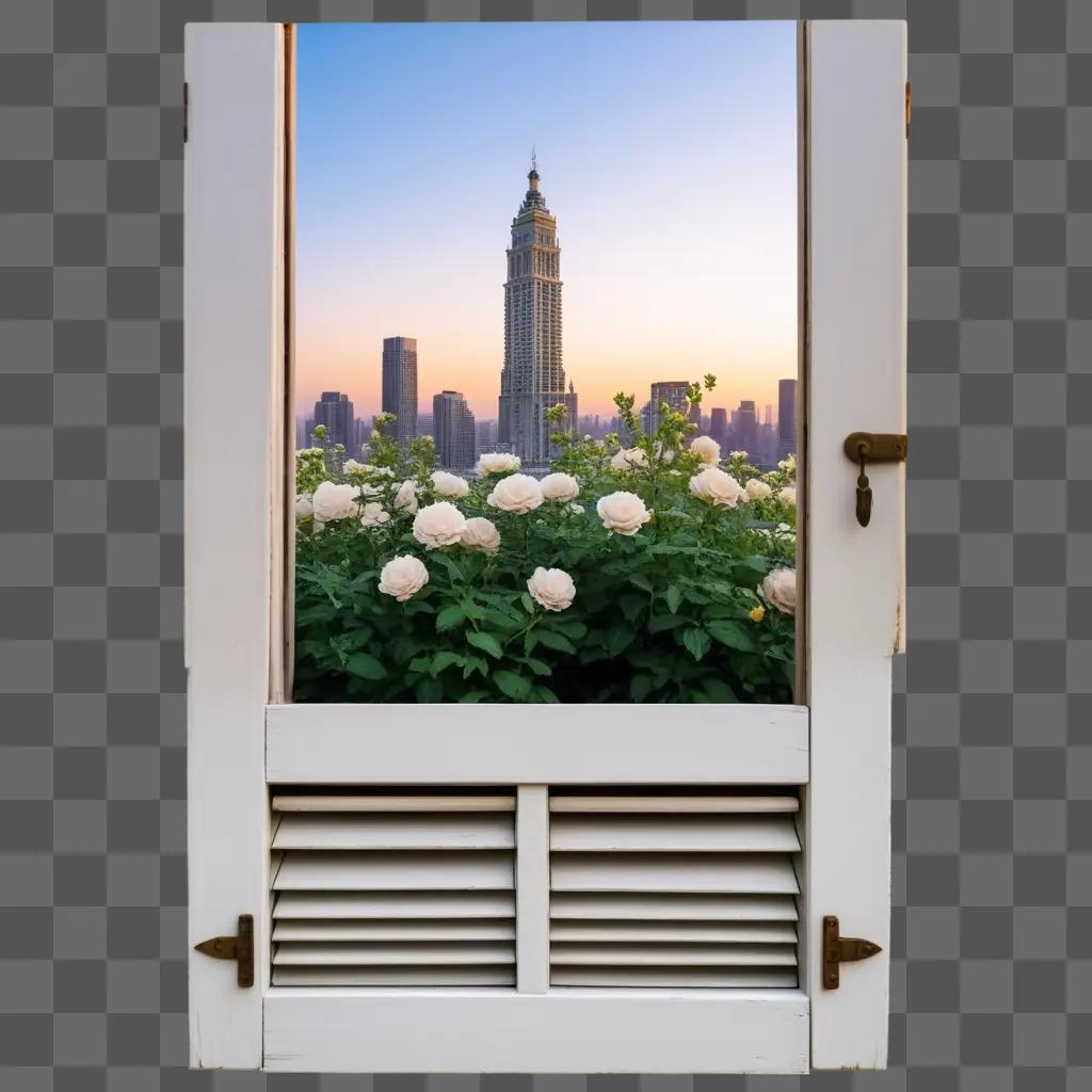 white shuttered window with city view