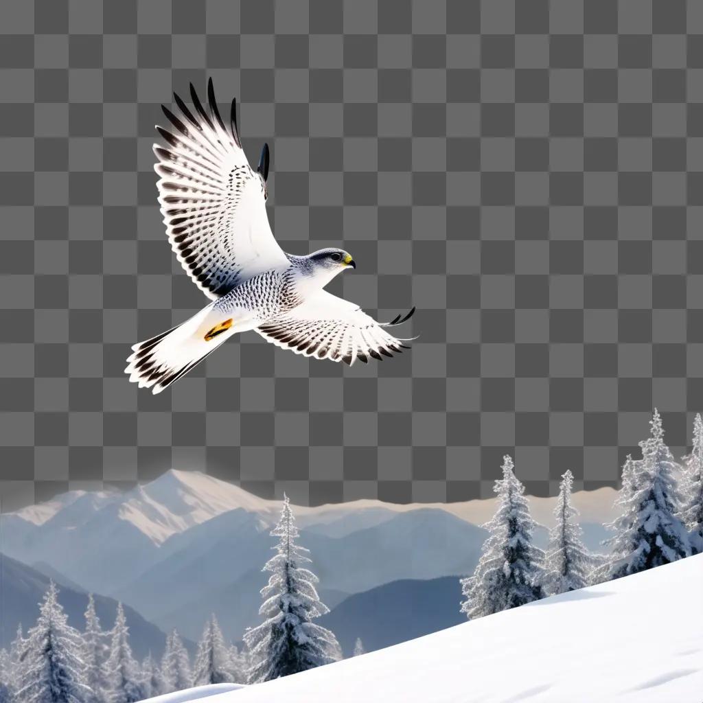 white snow falcon flies above a mountain range