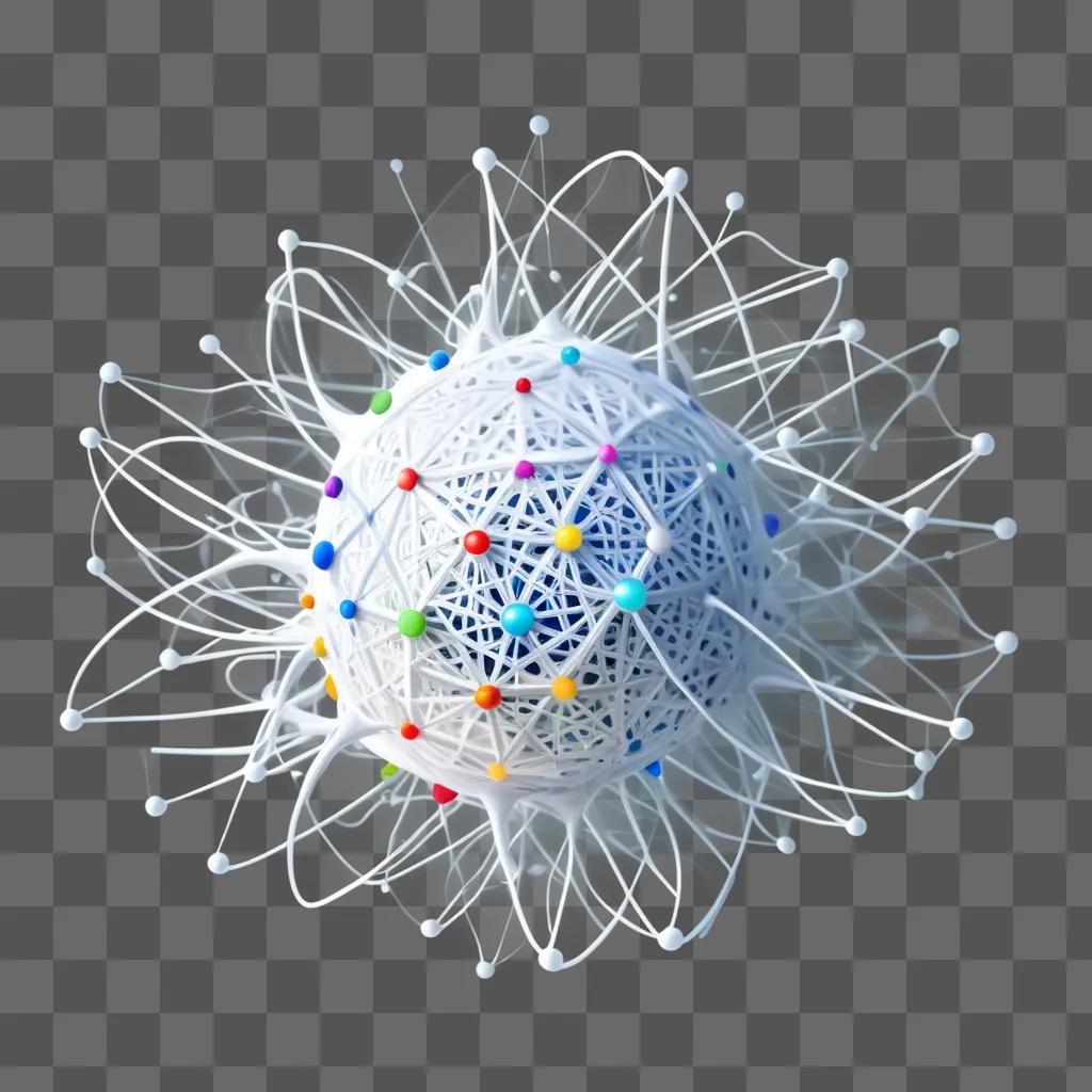 white sphere with colorful dots is surrounded by a web of lines