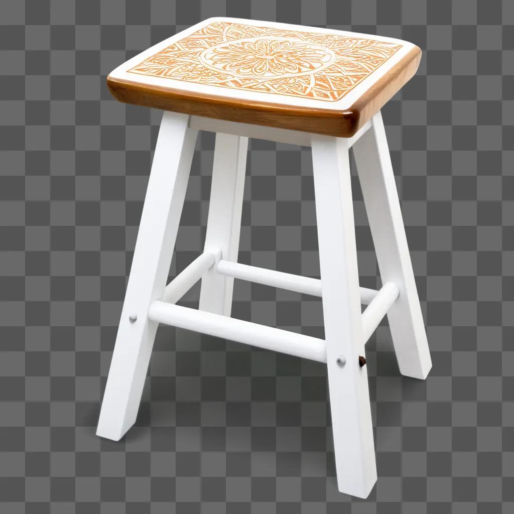 white stool with a wooden top and a decorative center