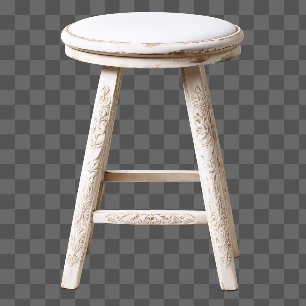 white stool with intricate carving sits against a beige background