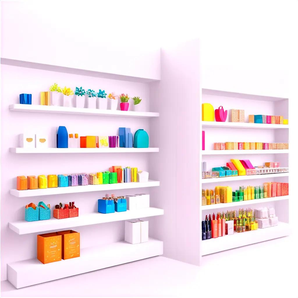 white storefront with colorful shelves and various items