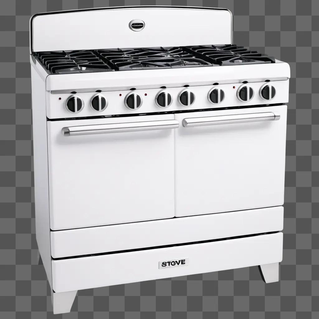 white stove has black knobs and a black oven door