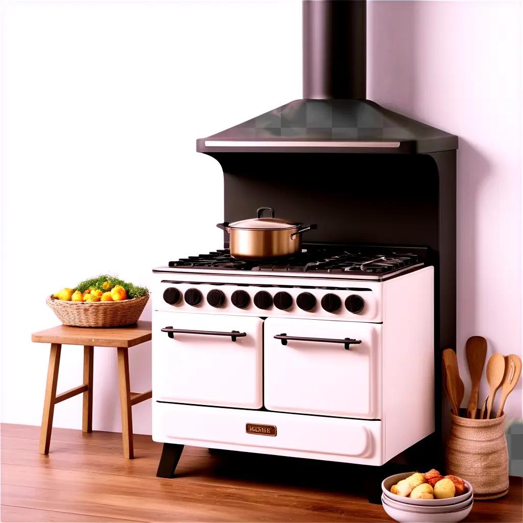 white stove sits in a wooden kitchen