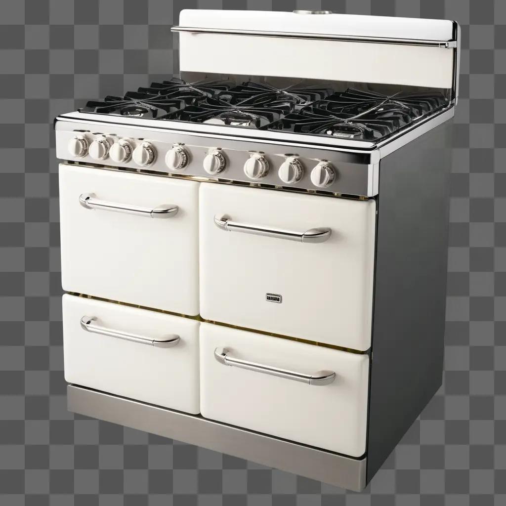 white stove with knobs and drawers