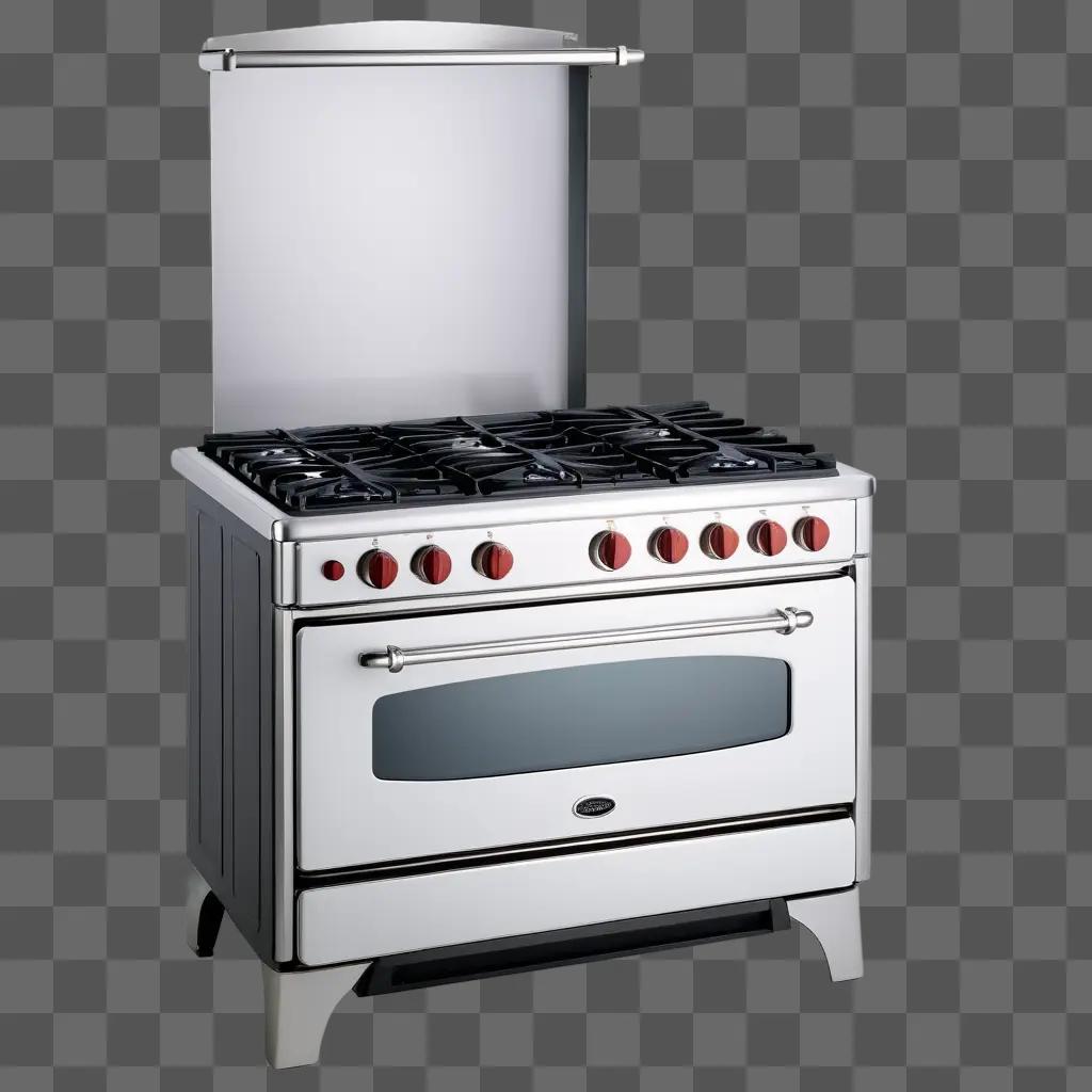 white stove with red knobs and an oven