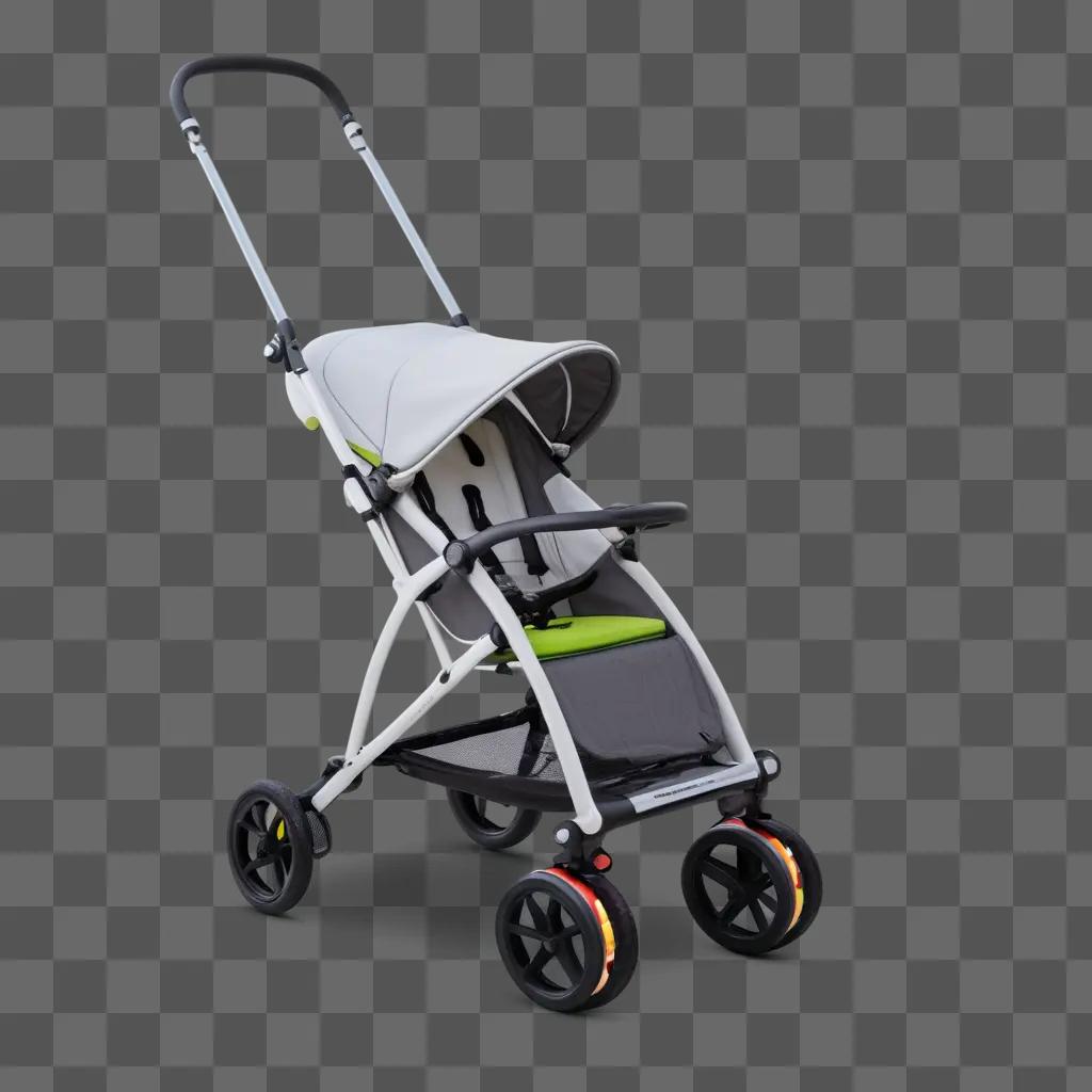 white stroller with a bright green seat