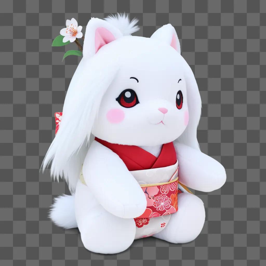 white stuffed animal with a red dress and a flower