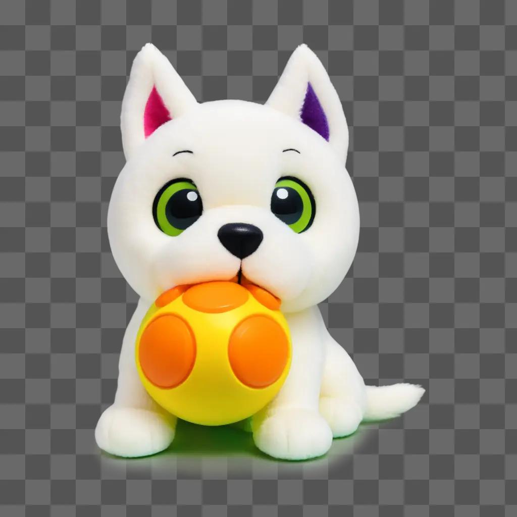 white stuffed dog toy plays with an orange ball