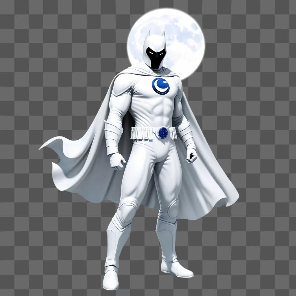 white-suited hero with a blue emblem stands in front of the moon