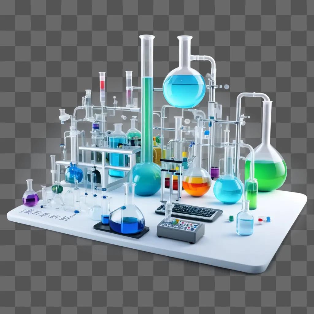 さまざまな化学試験管と機器で満たされた白いテーブル