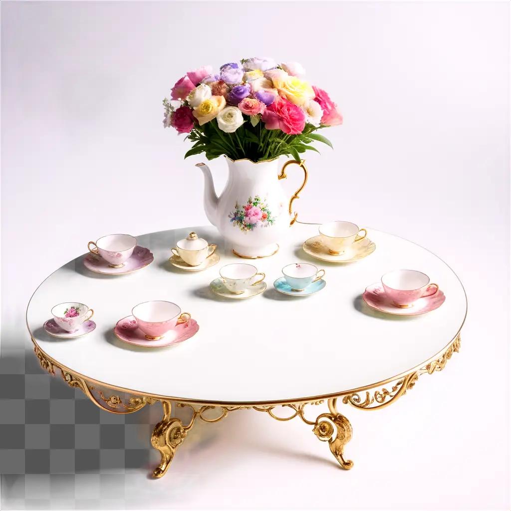 white tea set with flowers in a vase on a table