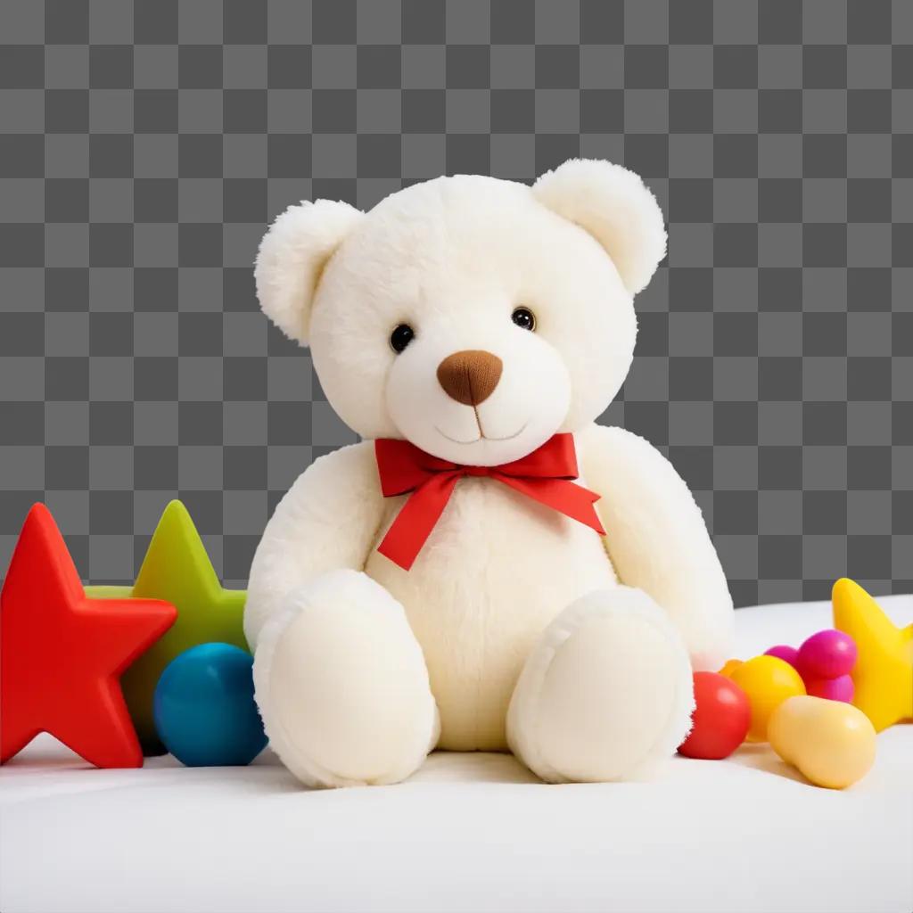 white teddy bear sits next to colorful toys