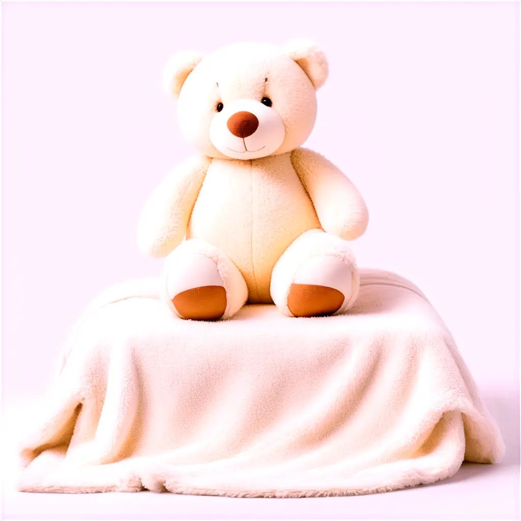 white teddy bear sitting on a blanket