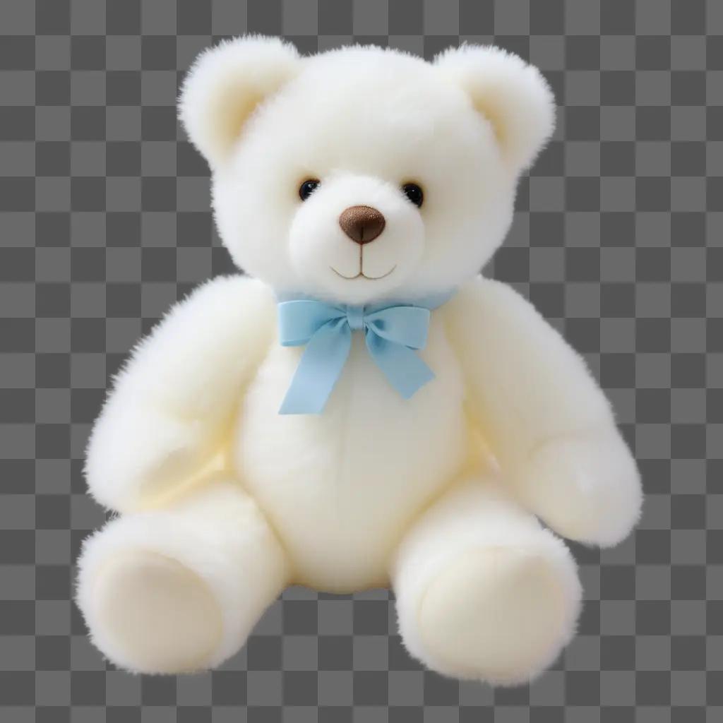 white teddy bear with a blue bow sits on a white background