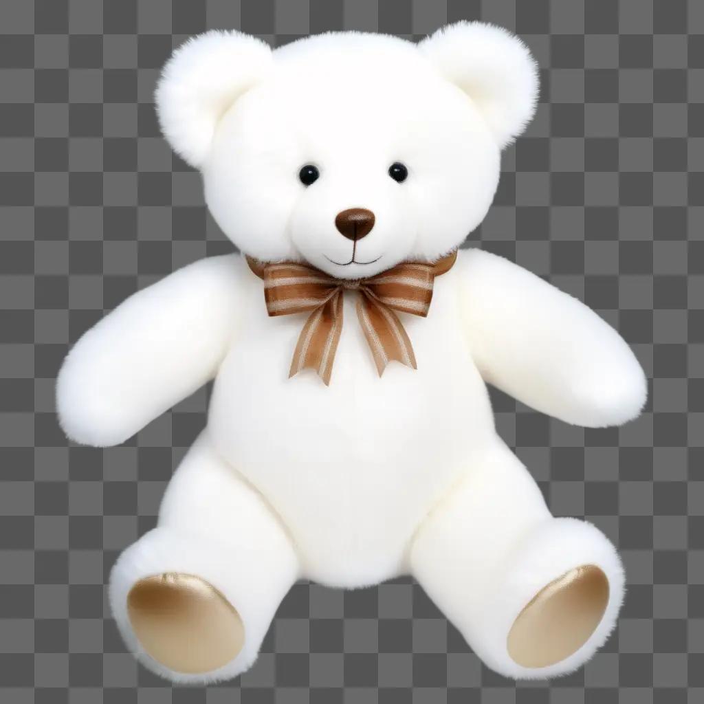 white teddy bear with a brown bow sits on a white surface