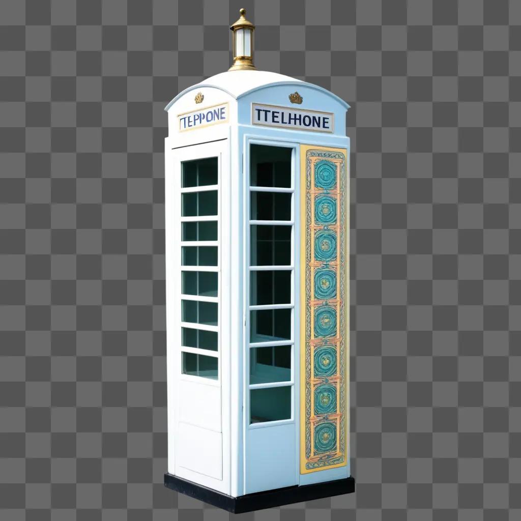 white telephone booth with gold trim and blue and gold decoration