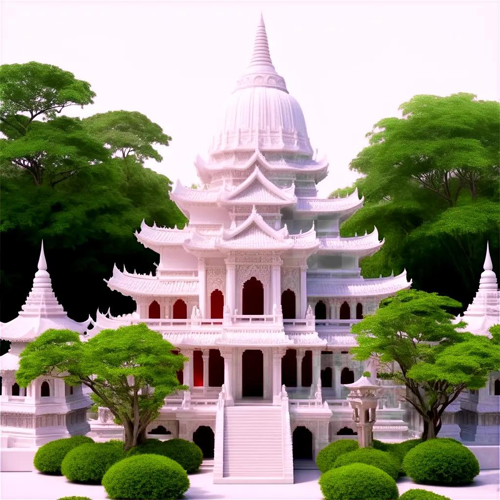 white temple surrounded by lush green trees