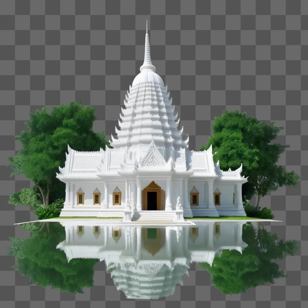 white temple with green reflection in water