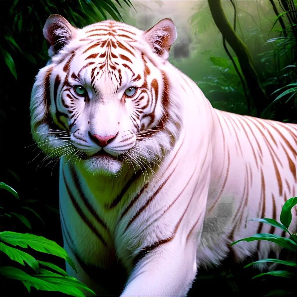 white tiger stands in the jungle with lush green surroundings