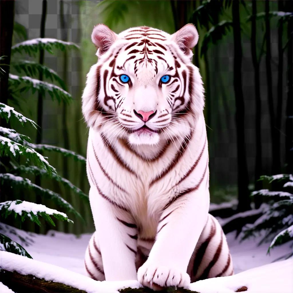 white tiger with blue eyes sits in the snow