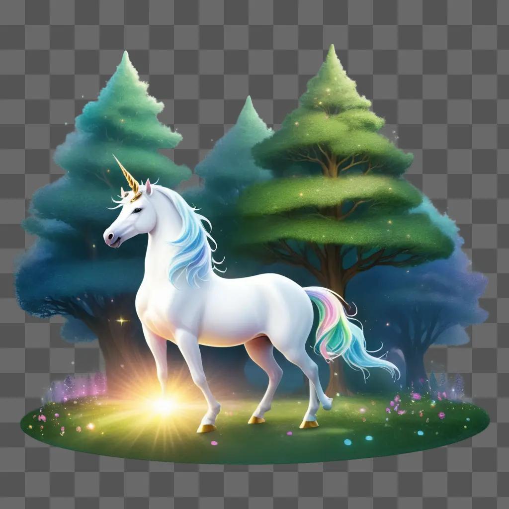 white unicorn stands among a forest of trees