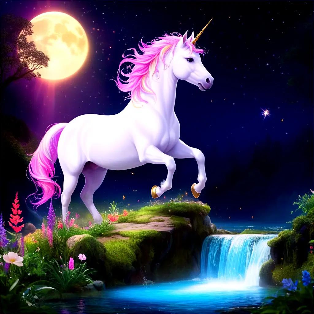 white unicorn with pink mane and a pink horn standing in front of a waterfall