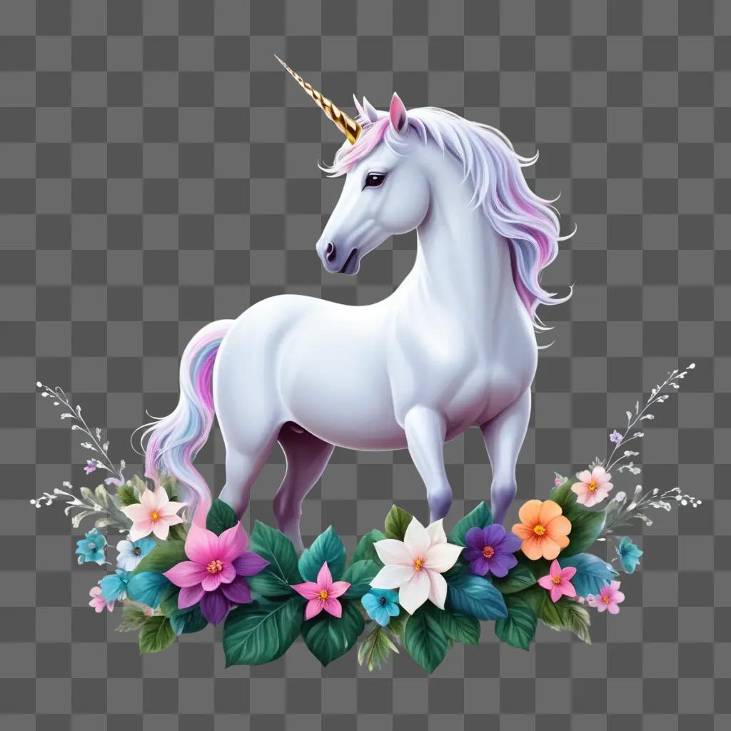 white unicorn with purple mane and a gold horn stands among flowers