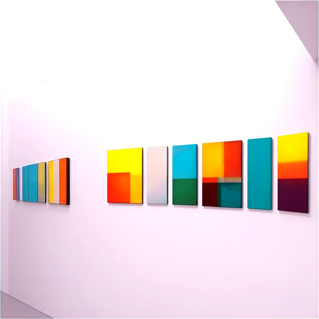 一連の抽象画を展示する白い壁