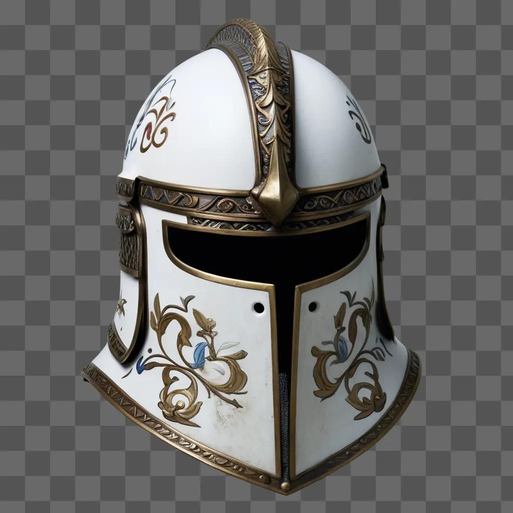 white war helmet with gold accents and intricate designs