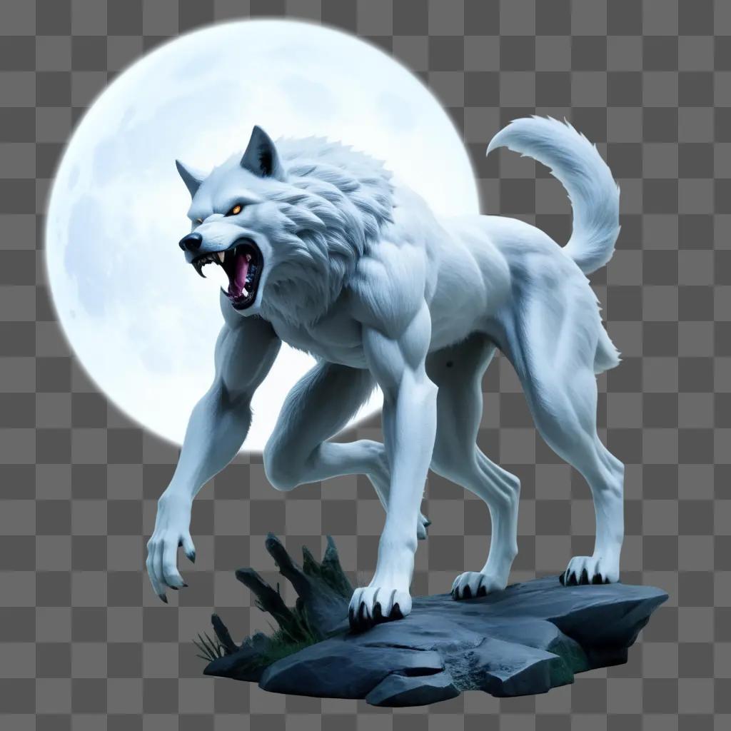 満月の下の岩の上の白い狼男像