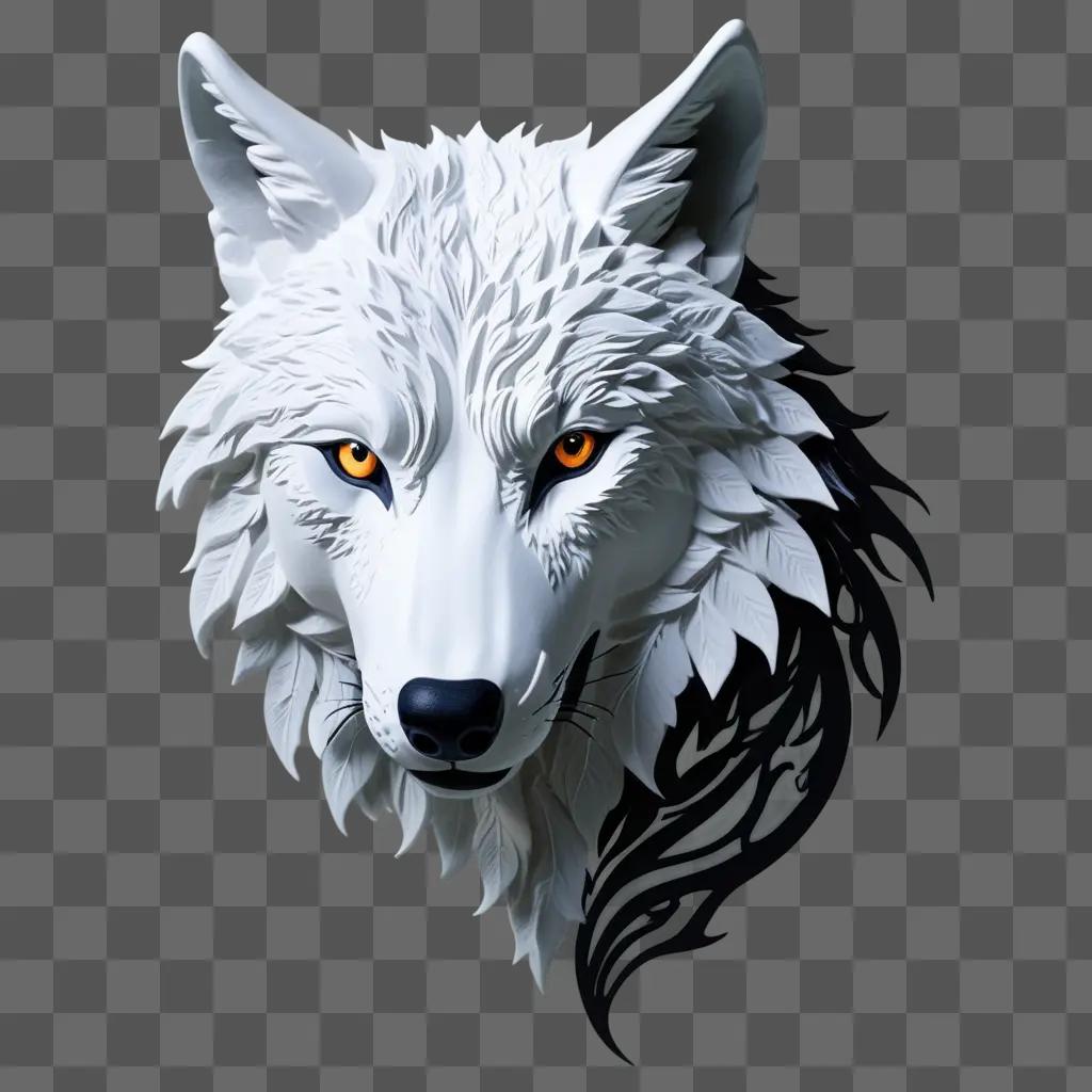 white wolf head with orange eyes and a black stripe