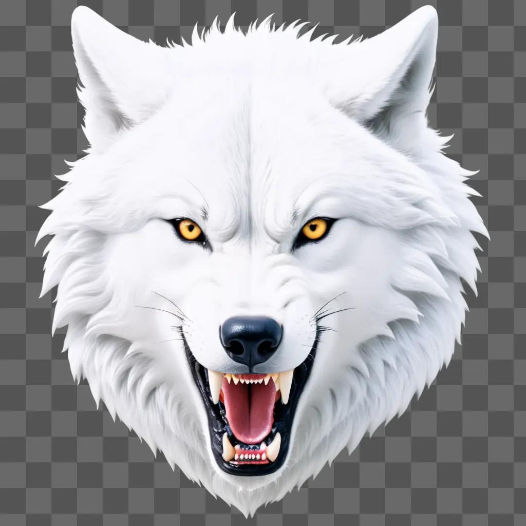 white wolf head with yellow eyes and a white tongue